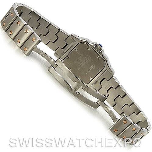 This image shows the back case and bracelet of a Cartier Santos W20012C4 Women's Stainless Steel Mother of Pearl Dial W20012C4 Women's Stainless Steel Mother of Pearl Dial watch, displayed at a slight diagonal angle.