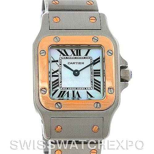 The image shows a frontal view of the Cartier Santos W20012C4 Women's Stainless Steel Mother of Pearl Dial W20012C4 Women's Stainless Steel Mother of Pearl Dial watch, highlighting the face, bezel, and part of the bracelet.