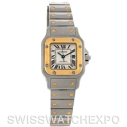 This image shows a front view of the Cartier Santos Women's Stainless Steel Silver Dial Women's Stainless Steel Silver Dial model watch, featuring the dial, bezel, and bracelet.