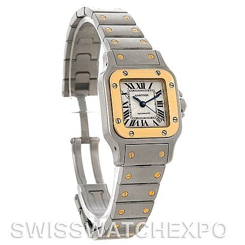 The image shows a Cartier Santos Women's Stainless Steel Silver Dial Women's Stainless Steel Silver Dial watch at a three-quarter angle, highlighting the face, bezel, bracelet, and clasp.