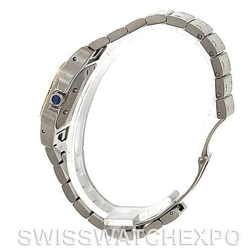 The image shows a side view of a Cartier Santos Women's Stainless Steel Silver Dial Women's Stainless Steel Silver Dial watch, highlighting its metallic bracelet and case profile.