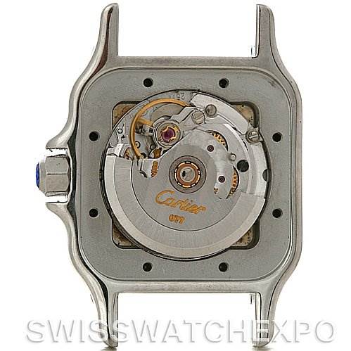 This image shows the back view of a Cartier Santos Women's Stainless Steel Silver Dial Women's Stainless Steel Silver Dial model watch, revealing its internal mechanical movement.