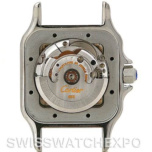The image shows the back view of the Cartier Santos Women's Stainless Steel Silver Dial Women's Stainless Steel Silver Dial watch, focusing on the movement and internal mechanism.