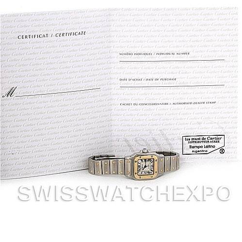 The Santos model by Cartier is shown face-up with its certificate and booklets in the background.