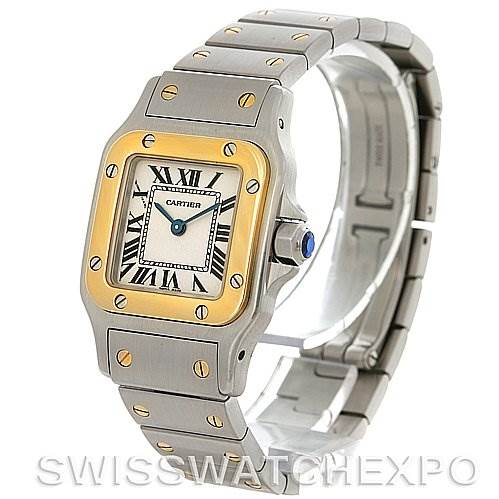 This image shows a Cartier Santos W20012C4 Women
s Stainless Steel Silver Dial W20012C4 Women
s Stainless Steel Silver Dial watch at a three-quarter angle, highlighting its face, bezel, crown, and bracelet.
