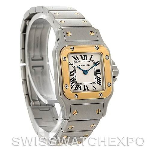 The image showcases a Cartier Santos W20012C4 Women
s Stainless Steel Silver Dial W20012C4 Women
s Stainless Steel Silver Dial watch angled to display the face, bezel, and bracelet with visible screws and Roman numeral indices.