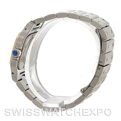 The image shows a side view of a Cartier Santos W20012C4 Women
s Stainless Steel Silver Dial W20012C4 Women
s Stainless Steel Silver Dial model watch, highlighting its metal bracelet and blue cabochon crown.