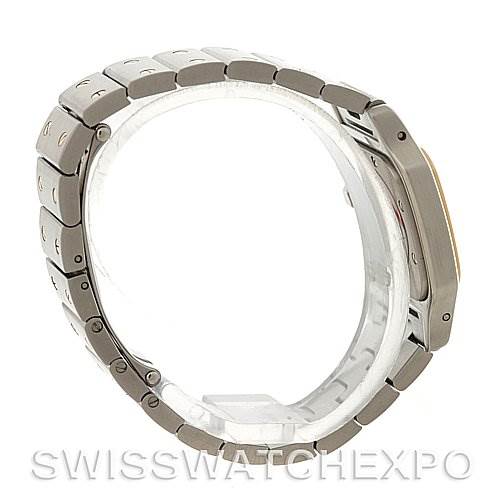 The image shows a Cartier Santos W20012C4 Women
s Stainless Steel Silver Dial W20012C4 Women
s Stainless Steel Silver Dial model watch from a side angle focusing on the bracelet and case.