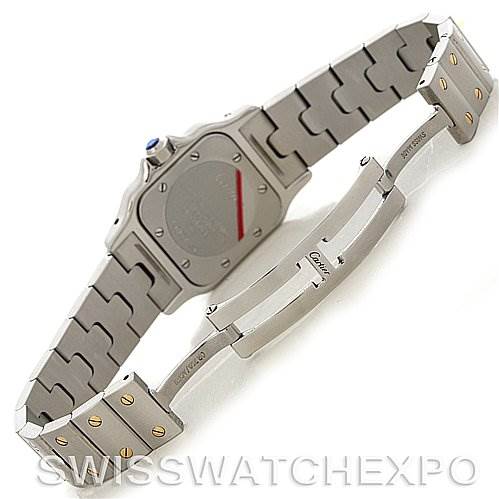 This image shows the back and partially open clasp of a Cartier Santos W20012C4 Women
s Stainless Steel Silver Dial W20012C4 Women
s Stainless Steel Silver Dial watch, highlighting the metal bracelet and case back.