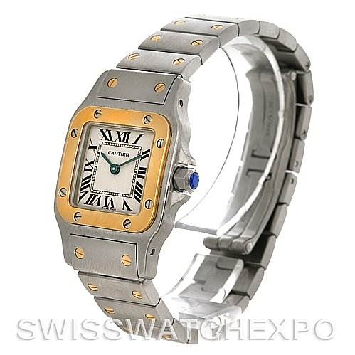 This image shows a side and front angle of the Cartier Santos W20012C4 Women
s Stainless Steel Silver Dial W20012C4 Women
s Stainless Steel Silver Dial watch, highlighting its face, bezel, and metal bracelet.