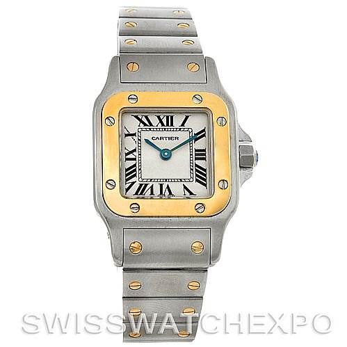 This image shows a front view of a Cartier Santos W20012C4 Women
s Stainless Steel Silver Dial W20012C4 Women
s Stainless Steel Silver Dial watch, detailing the face, bezel, and a portion of the bracelet.