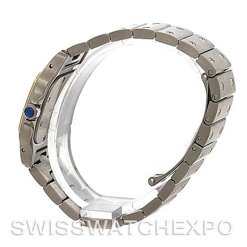 This side-angle view showcases the bracelet and case, with the blue cabochon crown of the Santos model by Cartier.