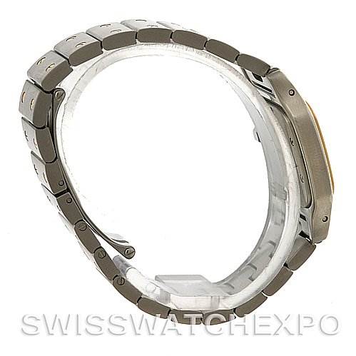The image shows a side view of the Santos de Cartier watch, focusing on the bracelet and case profile.