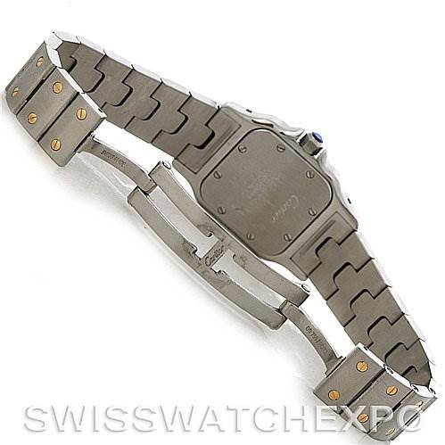 This image shows the back and bracelet of the Cartier Santos W20012C4 Women
s Stainless Steel Silver Dial W20012C4 Women
s Stainless Steel Silver Dial watch at an angled view.