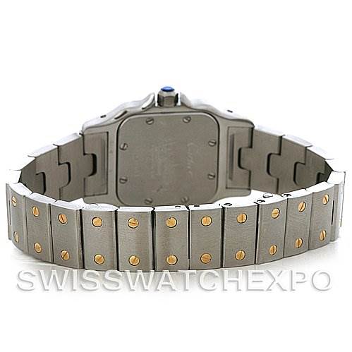 The image shows the back case and bracelet of the Cartier Santos W20012C4 Women
s Stainless Steel Silver Dial W20012C4 Women
s Stainless Steel Silver Dial watch, displaying its clasp and screw details.