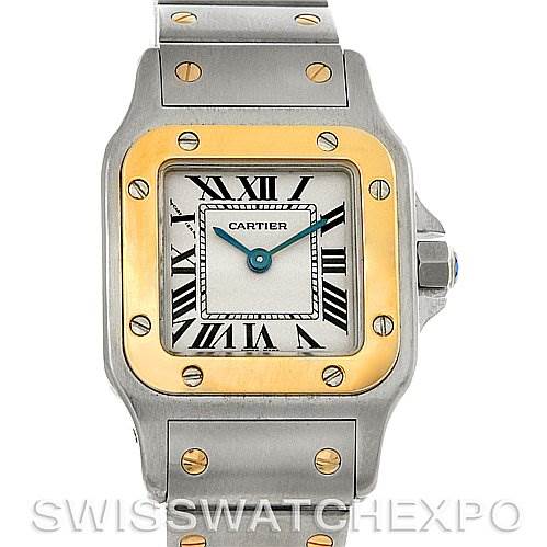The image shows a front view of the Cartier Santos W20012C4 Women
s Stainless Steel Silver Dial W20012C4 Women
s Stainless Steel Silver Dial model watch, highlighting its dial, bezel, and bracelet.