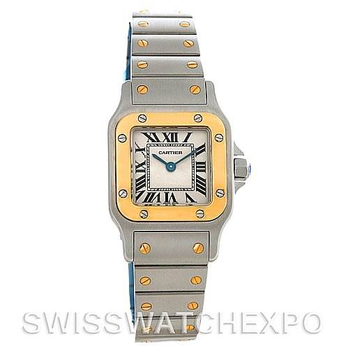 The image shows a front view of a Cartier Santos W20012C4 Women
s Stainless Steel Silver Dial W20012C4 Women
s Stainless Steel Silver Dial watch, displaying its face, bezel, and band.