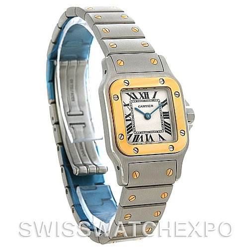 This image shows a Santos model by Cartier at a three-quarter angle, highlighting the face, bezel, and bracelet.