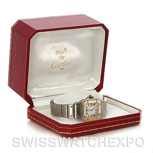 The image shows a Cartier Santos W20012C4 Women
s Stainless Steel Silver Dial W20012C4 Women
s Stainless Steel Silver Dial watch positioned inside an open red Cartier box, viewed from a slightly angled front perspective.