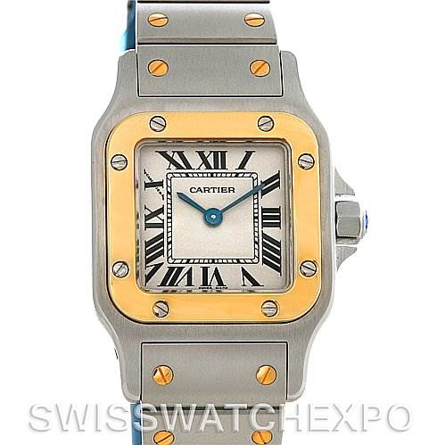 This image shows a front view of a Cartier Santos W20012C4 Women
s Stainless Steel Silver Dial W20012C4 Women
s Stainless Steel Silver Dial watch, featuring its square face, two-tone bezel, and bracelet with visible screws.