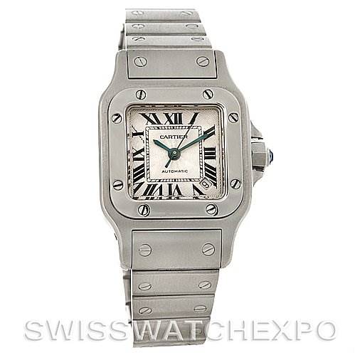 This image shows a front view of the Cartier Santos W20054D6 Women
s Stainless Steel Silver Dial W20054D6 Women
s Stainless Steel Silver Dial watch, displaying the face, bezel, and bracelet.