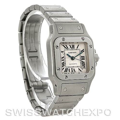 The image shows a Santos model watch by Cartier at a three-quarter angle highlighting the face, bezel, and bracelet.
