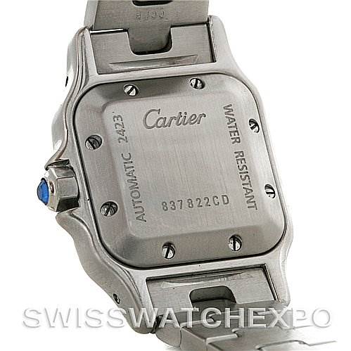 The image shows the back and side of the Cartier Santos W20054D6 Women
s Stainless Steel Silver Dial W20054D6 Women
s Stainless Steel Silver Dial watch, highlighting its case back, crown, and bracelet.