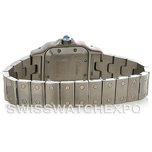 The photo shows the back view of a Cartier Santos W20054D6 Women
s Stainless Steel Silver Dial W20054D6 Women
s Stainless Steel Silver Dial watch, highlighting its bracelet and caseback.