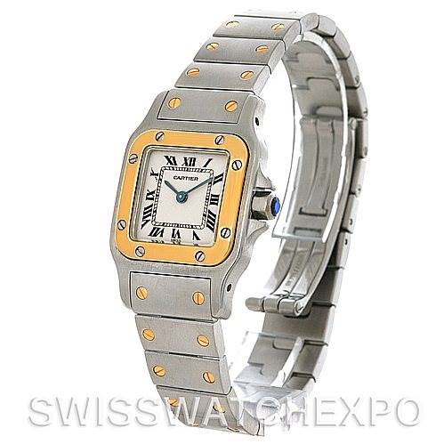 The image shows a Cartier Santos W20012C4 Women
s Stainless Steel Silver Dial W20012C4 Women
s Stainless Steel Silver Dial watch at a three-quarter angle, highlighting the dial, bezel, and bracelet.