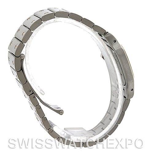 The image shows a side view of the Santos model by Cartier, focusing on the watch band and case side.