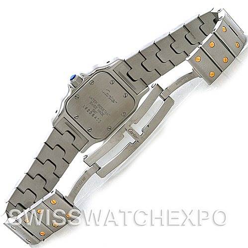 The image shows the Santos model by Cartier from the back, highlighting the bracelet and clasp.