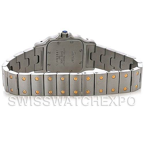 This image shows the back and bracelet of the Santos model watch by Cartier, highlighting its metal links and screws.