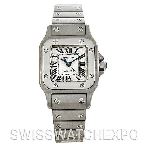 The image shows a front view of a Cartier Santos W20054D6 Women
s Stainless Steel Silver Dial W20054D6 Women
s Stainless Steel Silver Dial watch, showcasing its face, bezel, and stainless steel bracelet.