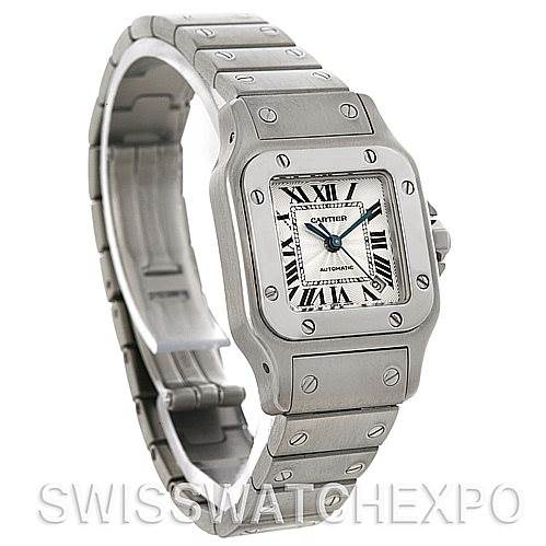 The image shows a Cartier Santos W20054D6 Women
s Stainless Steel Silver Dial W20054D6 Women
s Stainless Steel Silver Dial watch from a three-quarter angle, highlighting the face, bezel, case, and bracelet.