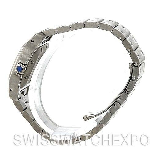 This image shows a Cartier Santos W20054D6 Women
s Stainless Steel Silver Dial W20054D6 Women
s Stainless Steel Silver Dial watch from a side angle, highlighting the bracelet and crown.