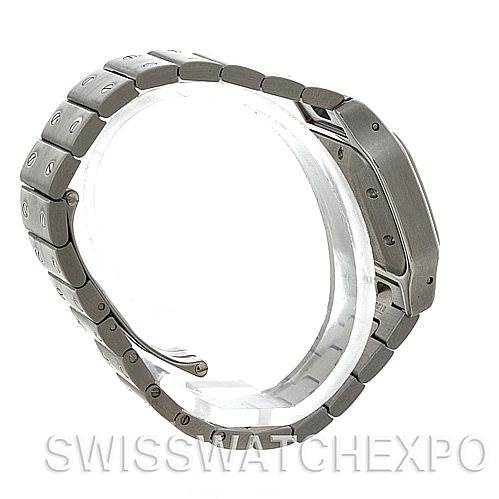 This is a side view of a Cartier Santos W20054D6 Women
s Stainless Steel Silver Dial W20054D6 Women
s Stainless Steel Silver Dial model watch showcasing its bracelet and case.