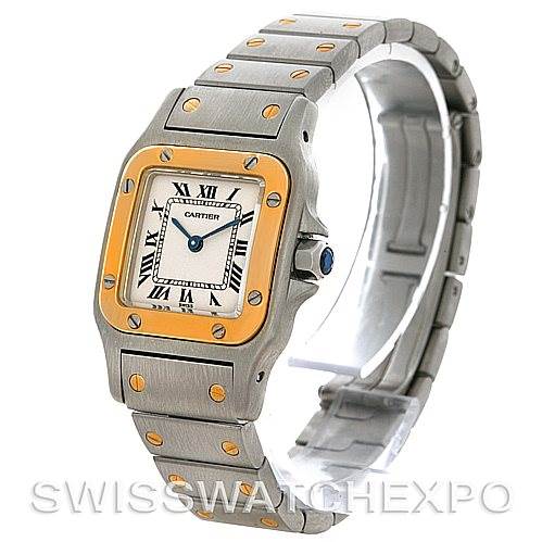 The image shows a Cartier Santos W20012C4 Women
s Stainless Steel Silver Dial W20012C4 Women
s Stainless Steel Silver Dial watch, displaying the face, bezel, and bracelet from an angled side view.