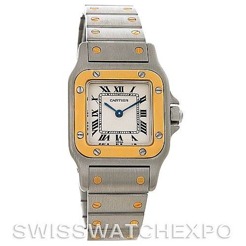 The image shows a front view of the Cartier Santos W20012C4 Women
s Stainless Steel Silver Dial W20012C4 Women
s Stainless Steel Silver Dial watch, highlighting its dial, bezel, and bracelet.