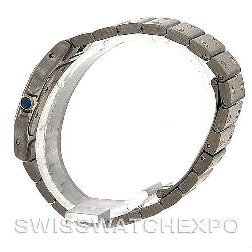 This image shows a side view of the band and crown of a Cartier Santos W20012C4 Women
s Stainless Steel Silver Dial W20012C4 Women
s Stainless Steel Silver Dial watch.