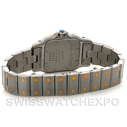 This image shows the back case and bracelet of the Santos model by Cartier, featuring a view of the bracelet with gold screws.