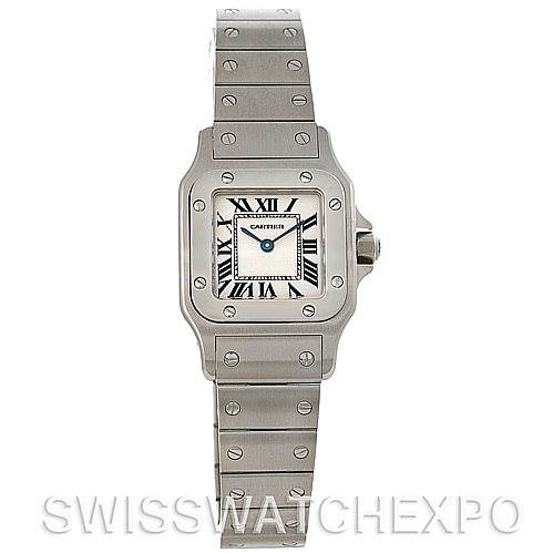 This image shows a frontal view of the Cartier Santos W20056D6 Women
s Stainless Steel Silver Dial W20056D6 Women
s Stainless Steel Silver Dial watch, highlighting its face and metal bracelet.