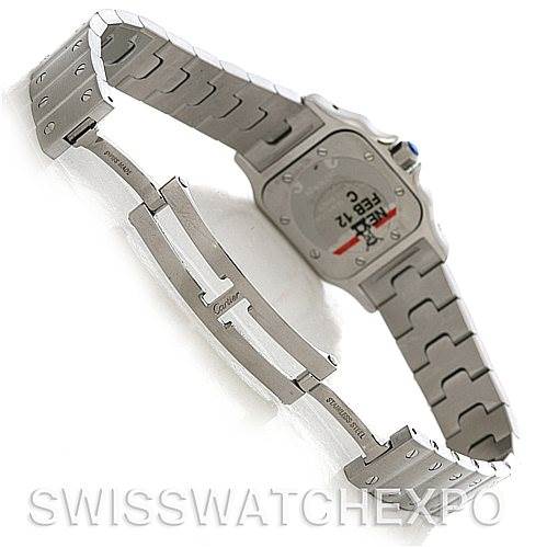 The image shows the back view of a Cartier Santos W20056D6 Women
s Stainless Steel Silver Dial W20056D6 Women
s Stainless Steel Silver Dial watch and its metal bracelet, highlighting the clasp and bracelet links.