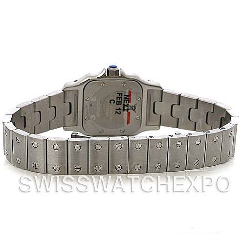 The image shows the back of a Cartier Santos W20056D6 Women
s Stainless Steel Silver Dial W20056D6 Women
s Stainless Steel Silver Dial watch, focusing on the case back and the full bracelet.