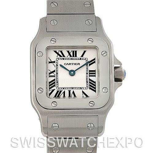 This image shows a frontal view of the Cartier Santos W20056D6 Women
s Stainless Steel Silver Dial W20056D6 Women
s Stainless Steel Silver Dial watch, highlighting the watch face, bezel, and part of the bracelet.