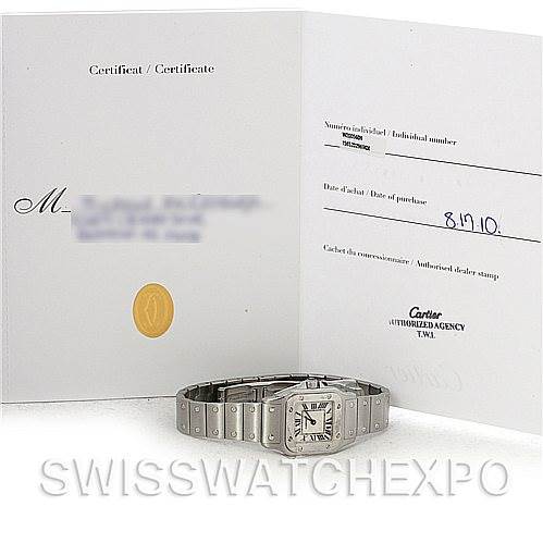 This image shows a Cartier Santos W20056D6 Women
s Stainless Steel Silver Dial W20056D6 Women
s Stainless Steel Silver Dial watch along with its certification and purchase documentation, viewed from the front.