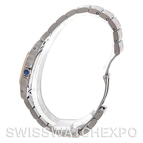 This image shows a side view of a Cartier Santos W20012C4 Women
s Stainless Steel Silver Dial W20012C4 Women
s Stainless Steel Silver Dial watch, highlighting its metal bracelet, clasp, and crown.