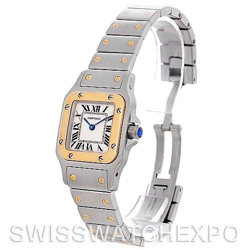 This is a side view angle of the Cartier Santos W20012C4 Women
s Stainless Steel Silver Dial W20012C4 Women
s Stainless Steel Silver Dial watch showing the face, bracelet, and clasp.
