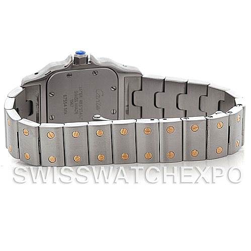 The image shows the back and bracelet of a Cartier Santos W20012C4 Women
s Stainless Steel Silver Dial W20012C4 Women
s Stainless Steel Silver Dial watch, highlighting its metal links and clasp.