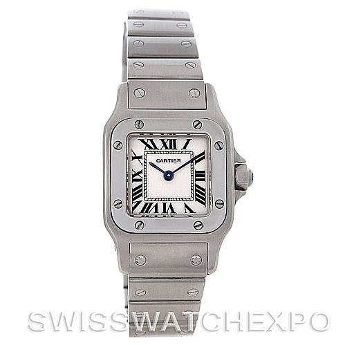 The image shows a front view of the Cartier Santos W20056D6 Women
s Stainless Steel Silver Dial W20056D6 Women
s Stainless Steel Silver Dial watch, highlighting the face, bezel, and bracelet.