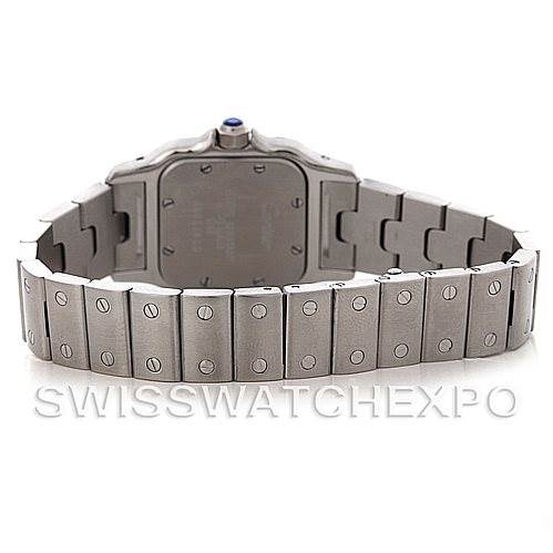 The image shows the rear view of a Cartier Santos W20056D6 Women
s Stainless Steel Silver Dial W20056D6 Women
s Stainless Steel Silver Dial model watch, focusing on the bracelet and case back.